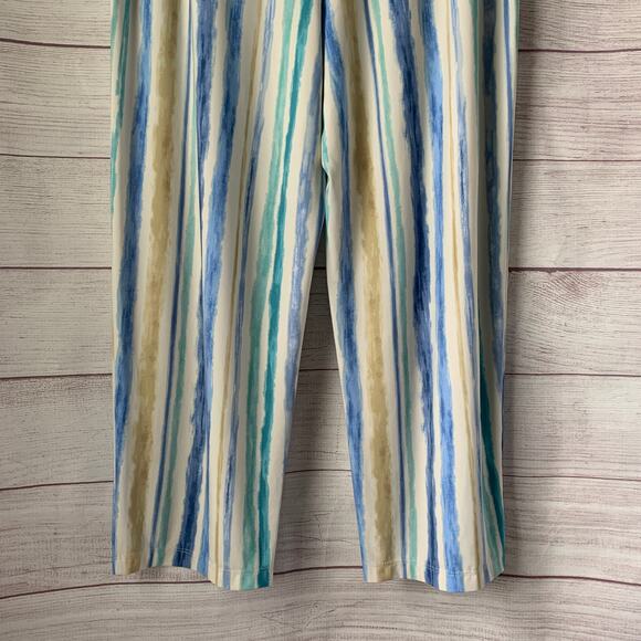 Susan Graver Blue Beige Striped Crop Wide Leg Pants or Capris Pockets Size M - Picture 6 of 12